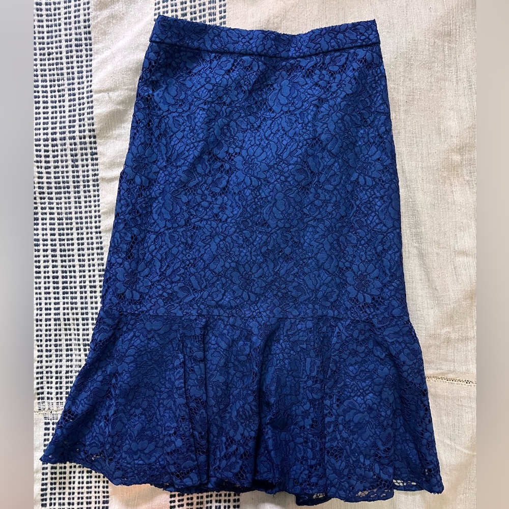 J Crew Royal Blue Lace Pencil Skirt with Flared Bottom